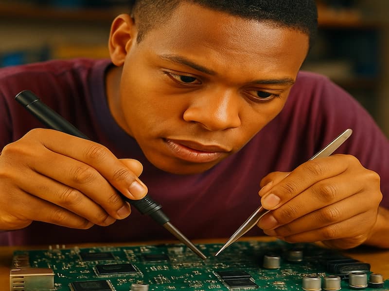A person carefully repairing a circuit board.